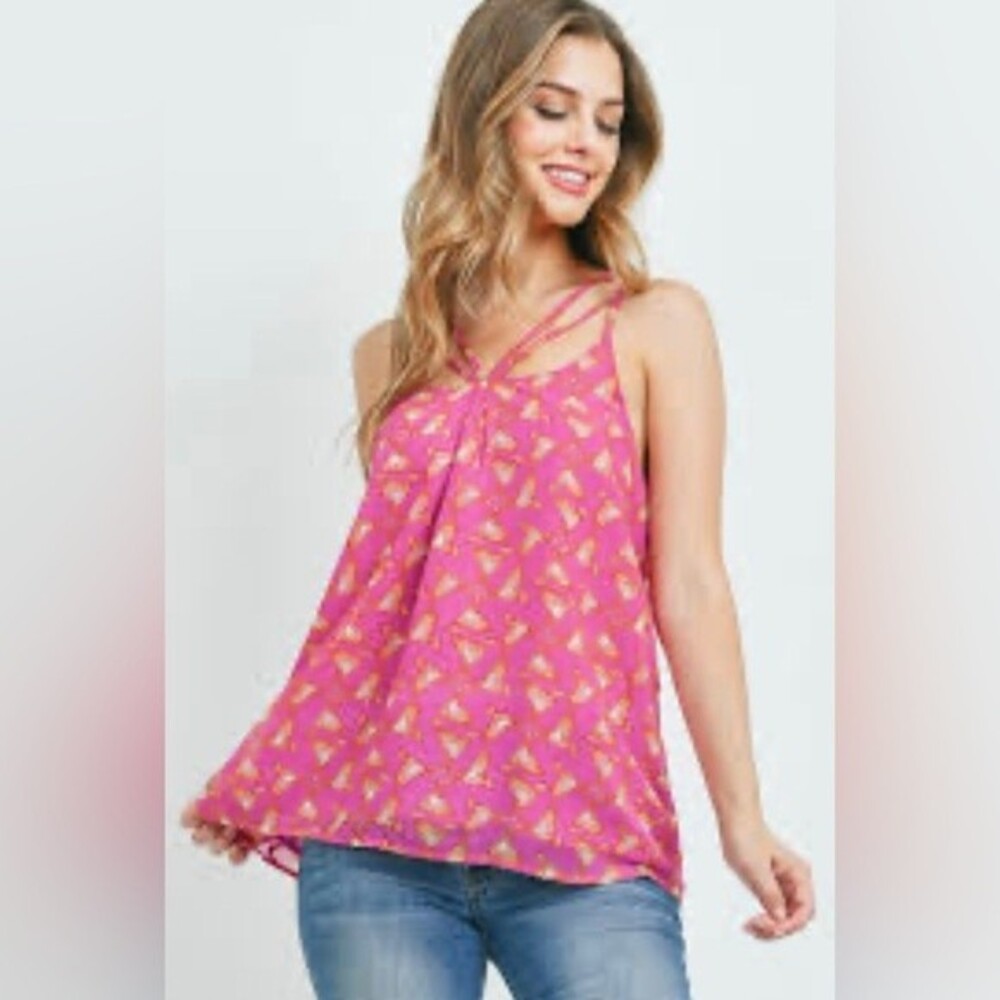 Entro Women's Bird Print Multi Strappy Front Pleats Camisole Flowy Tank M